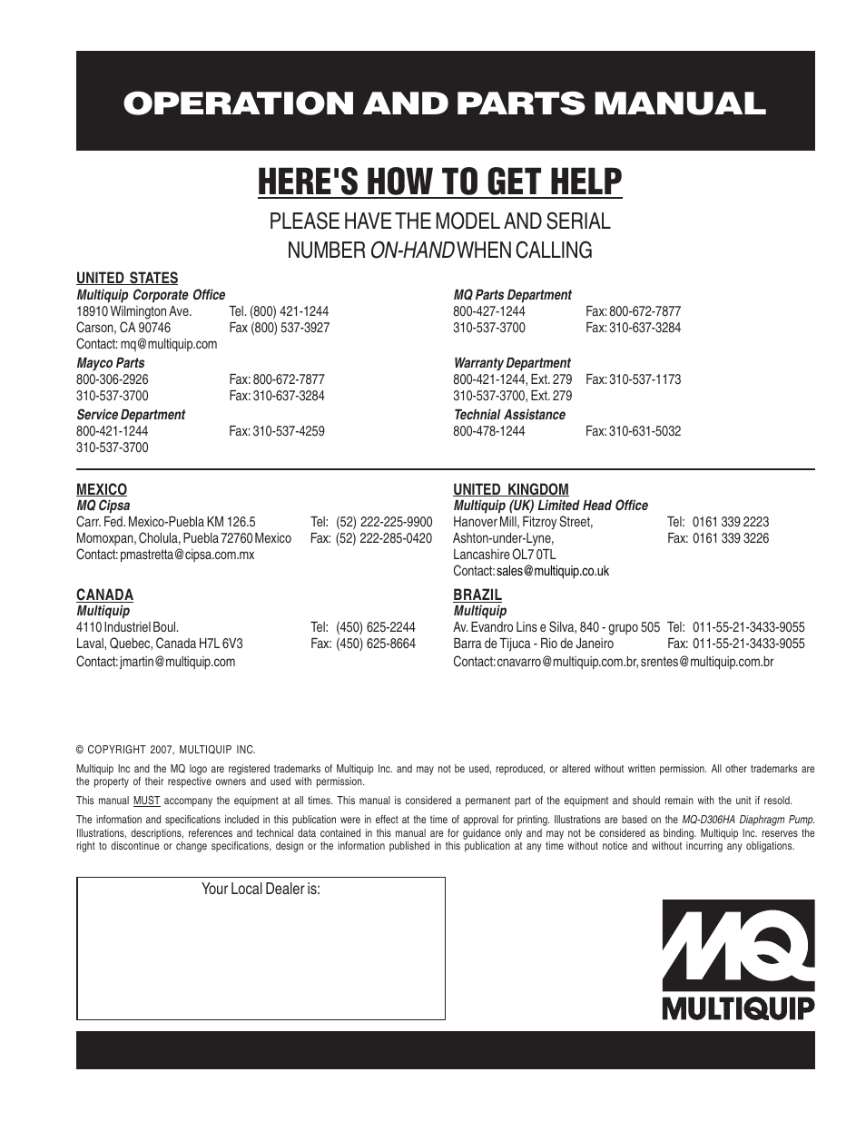 Here's how to get help, Operation and parts manual, On-hand | Please have the model and serial number, When calling | Multiquip MQD306HA User Manual | Page 70 / 70