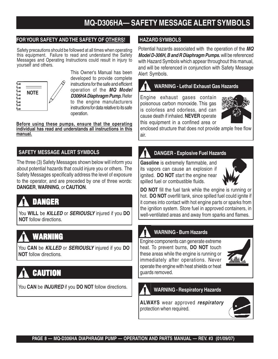 Mq-d306ha— safety message alert symbols, Danger, Warning | Caution | Multiquip MQD306HA User Manual | Page 8 / 70