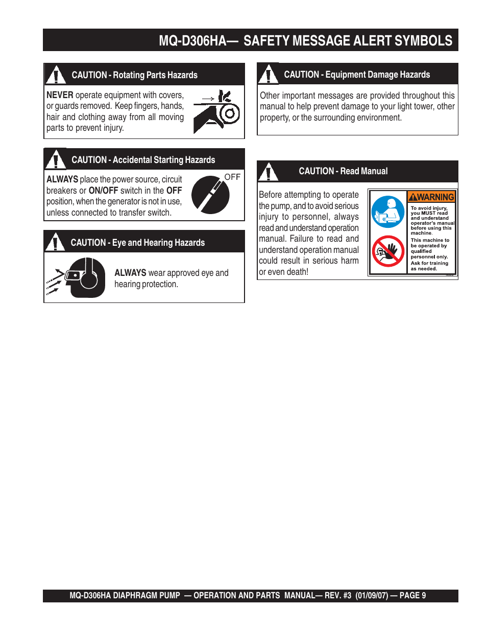 Mq-d306ha— safety message alert symbols | Multiquip MQD306HA User Manual | Page 9 / 70