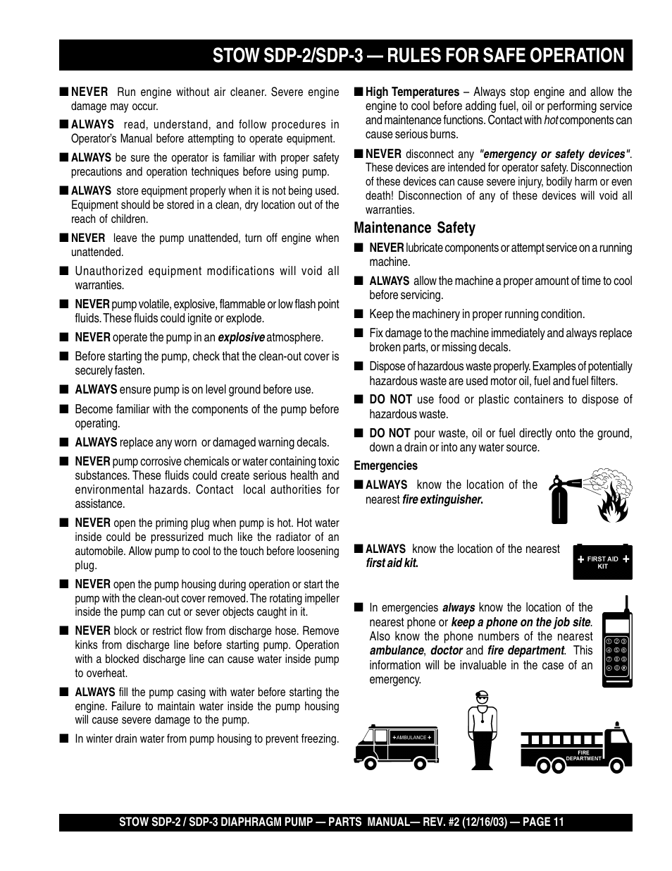 Stow sdp-2/sdp-3 — rules for safe operation, Maintenance safety | Multiquip SDP3 User Manual | Page 11 / 76