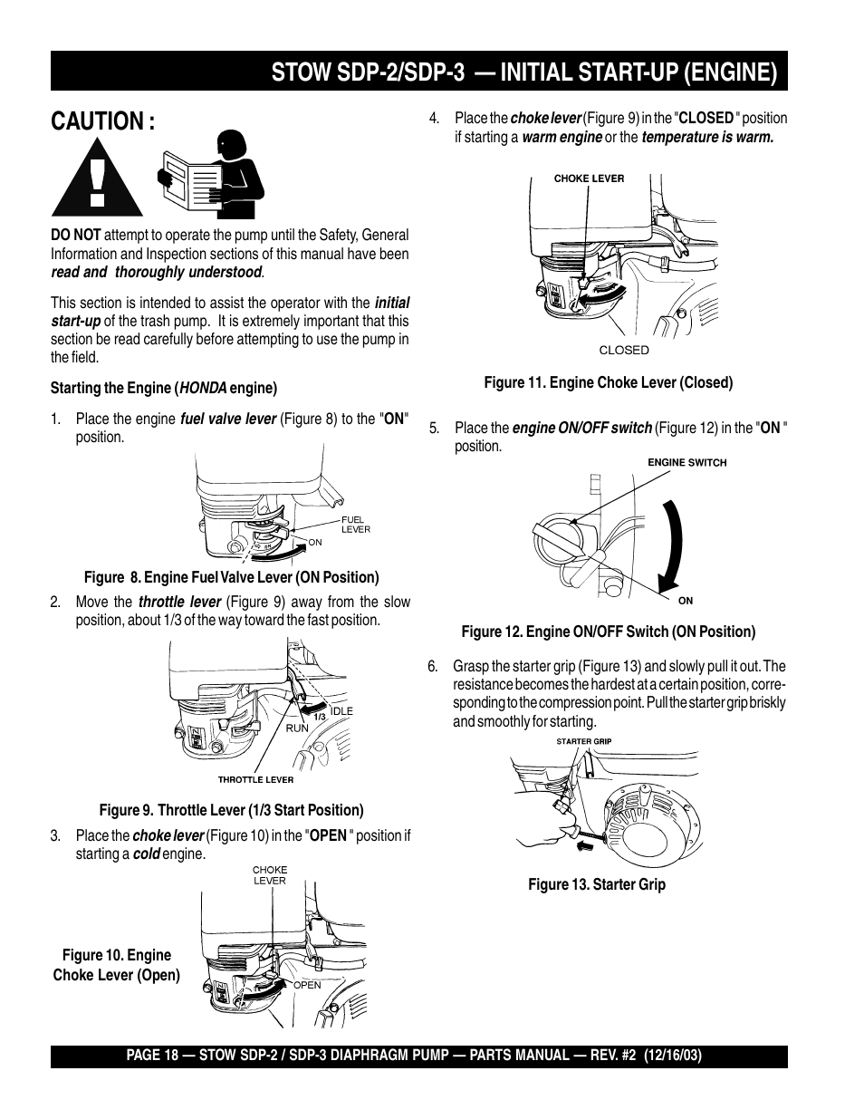 Stow sdp-2/sdp-3 — initial start-up (engine), Caution | Multiquip SDP3 User Manual | Page 18 / 76