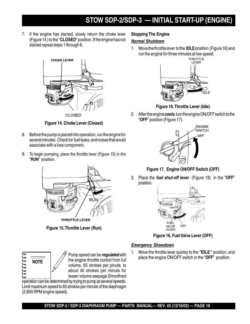 Stow sdp-2/sdp-3 — initial start-up (engine) | Multiquip SDP3 User Manual | Page 19 / 76