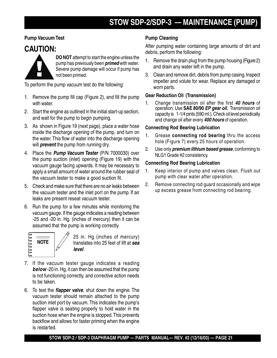 Stow sdp-2/sdp-3 — maintenance (pump), Caution | Multiquip SDP3 User Manual | Page 21 / 76