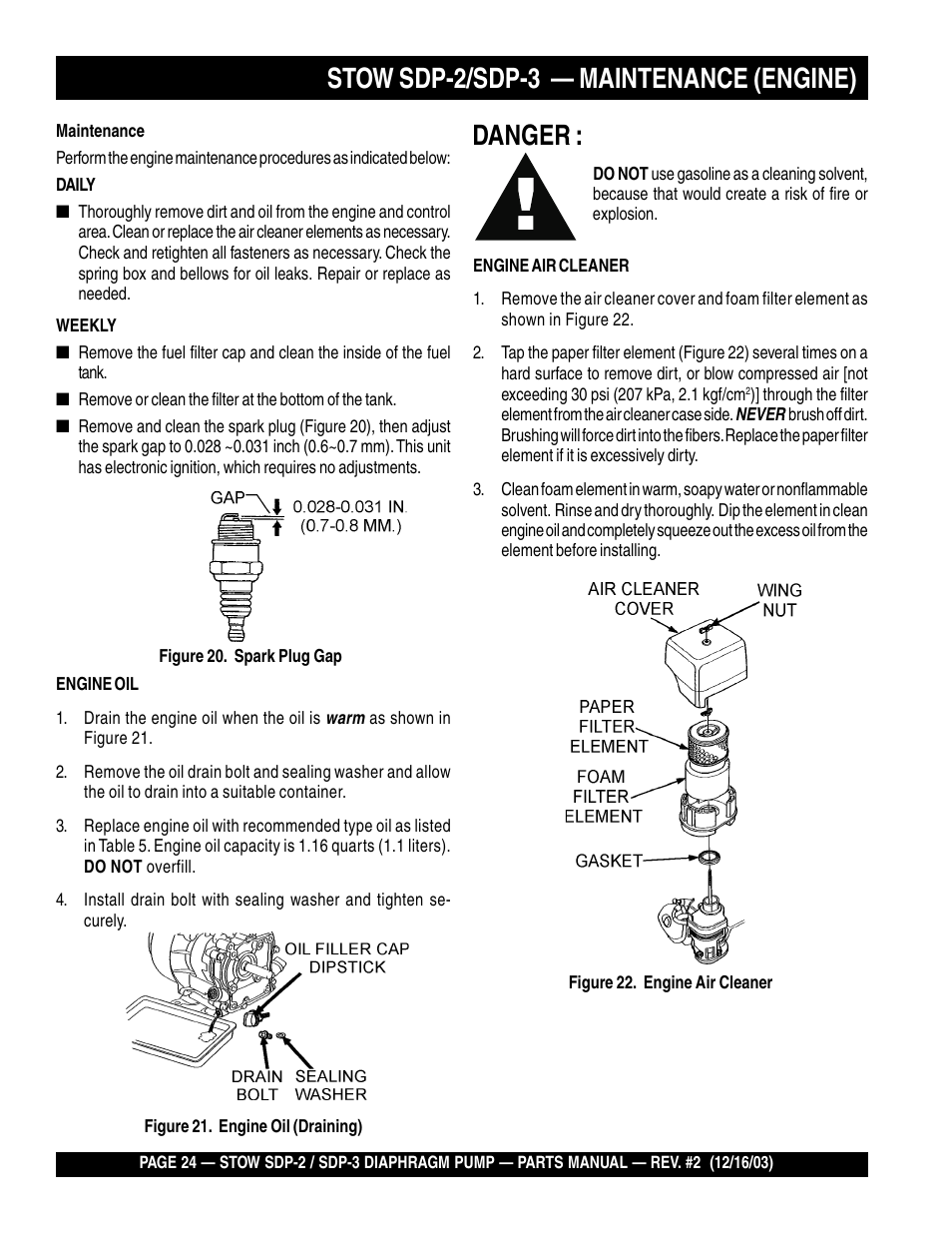 Danger, Stow sdp-2/sdp-3 — maintenance (engine) | Multiquip SDP3 User Manual | Page 24 / 76