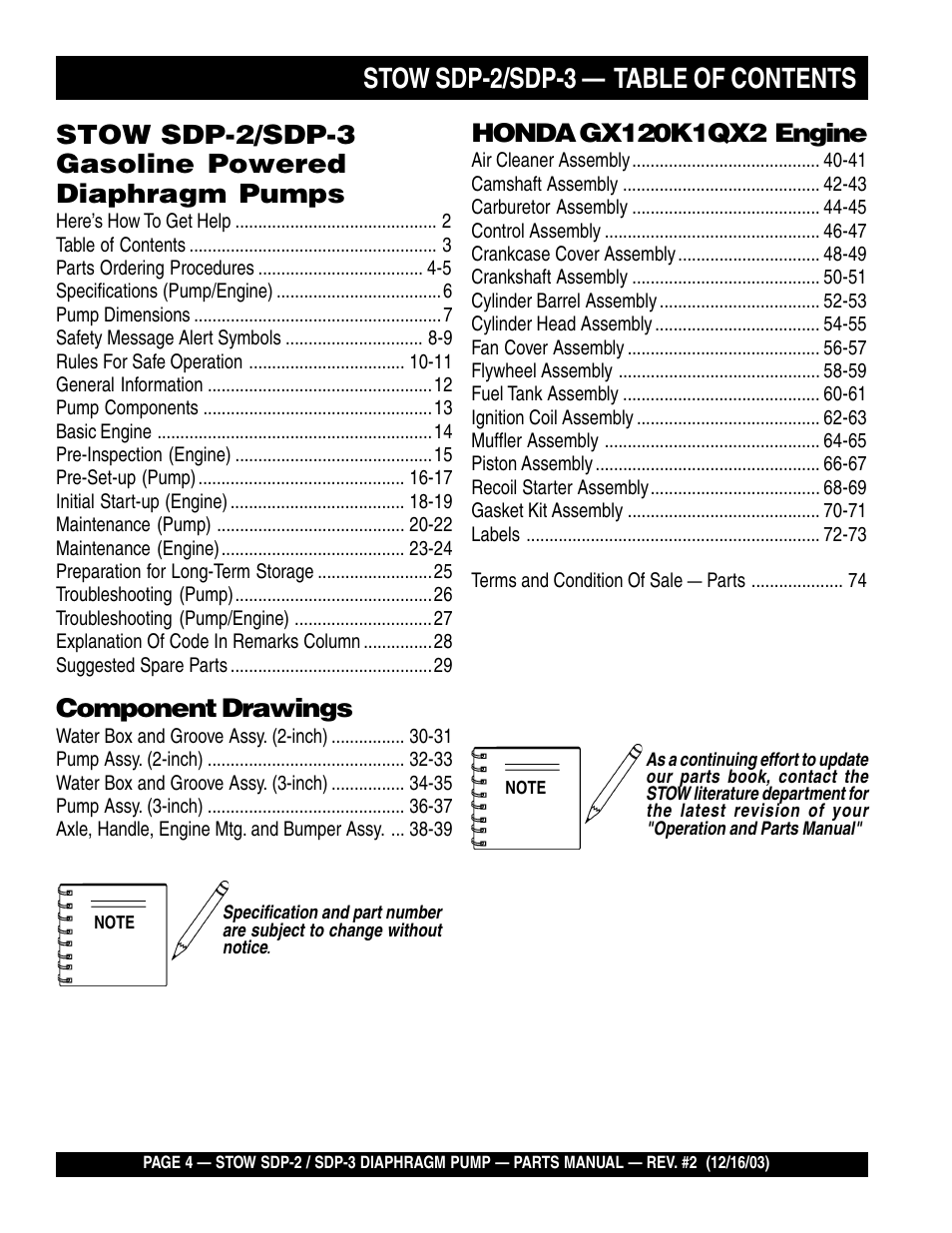 Stow sdp-2/sdp-3 — table of contents, Stow sdp-2/sdp-3 gasoline powered diaphragm pumps, Component drawings | Multiquip SDP3 User Manual | Page 4 / 76