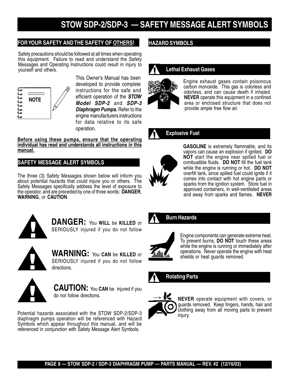 Stow sdp-2/sdp-3 — safety message alert symbols, Danger, Warning | Caution | Multiquip SDP3 User Manual | Page 8 / 76