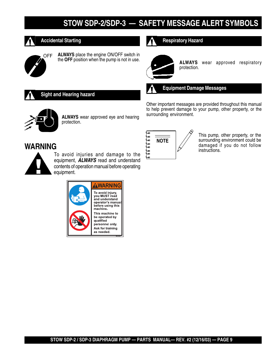 Stow sdp-2/sdp-3 — safety message alert symbols, Warning | Multiquip SDP3 User Manual | Page 9 / 76