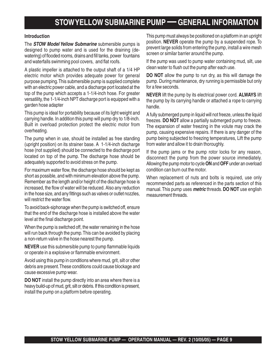 Stow yellow submarine pump, General information | Multiquip YELLOW_SUBMARINE_rev_2 User Manual | Page 9 / 18