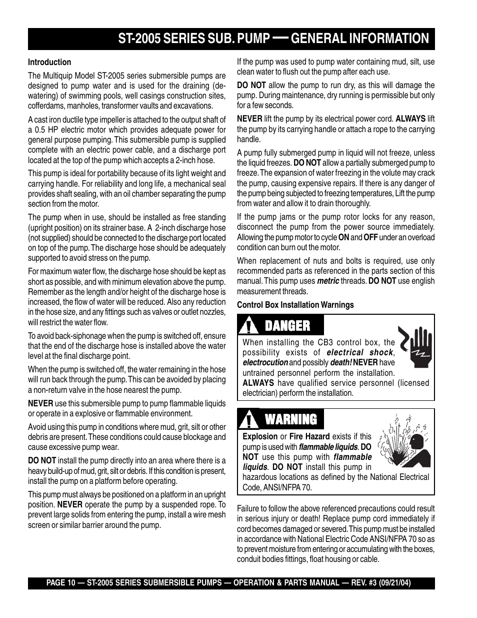 St-2005 series sub. pump, General information, Danger | Danger warning warning warning warning warning | Multiquip ST2005 User Manual | Page 10 / 44