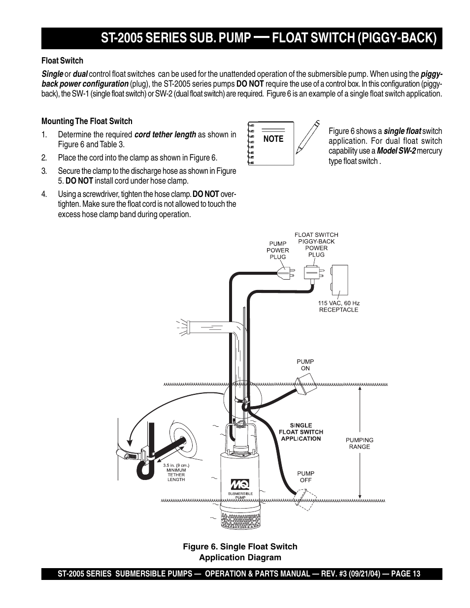 St-2005 series sub. pump, Float switch (piggy-back) | Multiquip ST2005 User Manual | Page 13 / 44