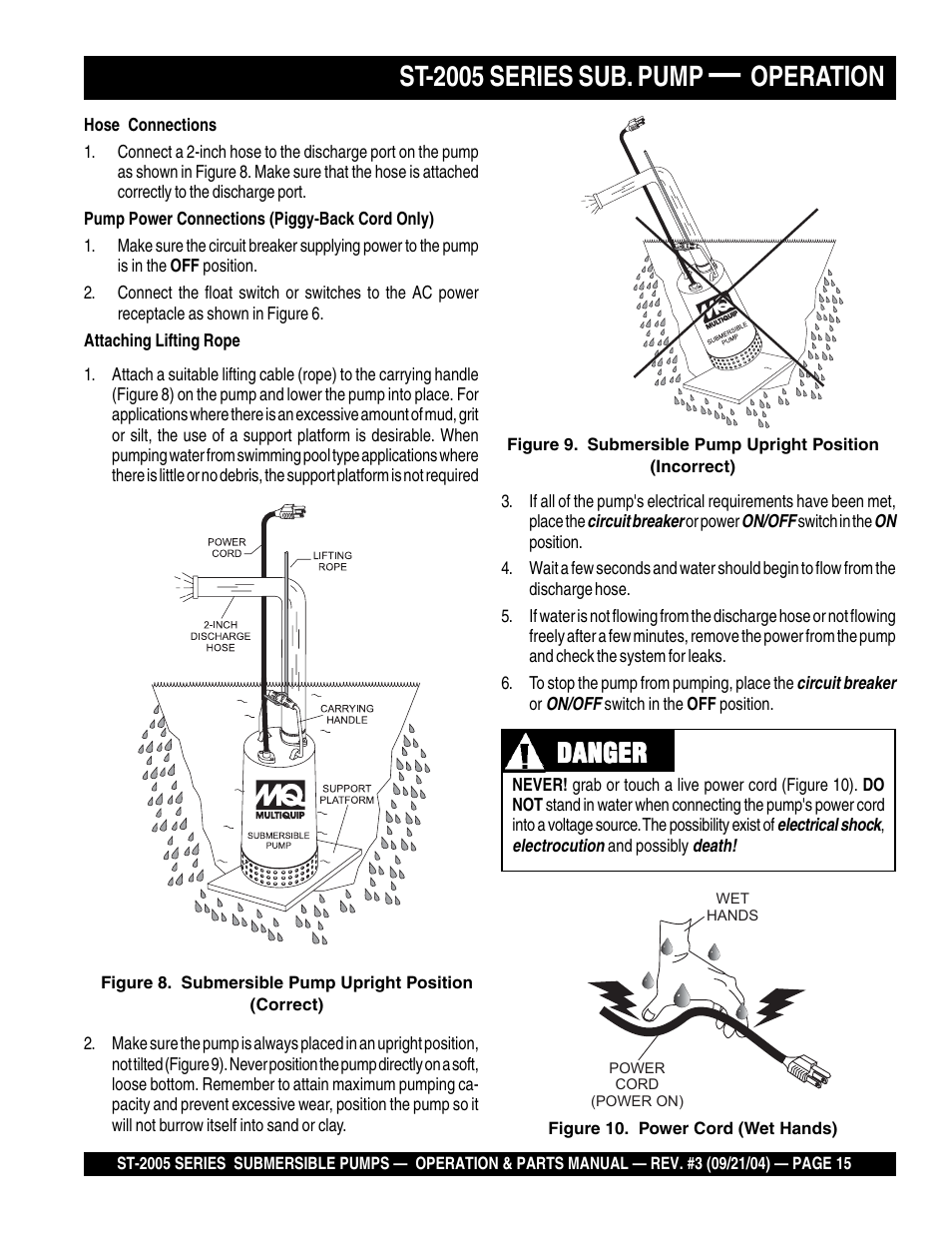 St-2005 series sub. pump, Operation, Danger | Multiquip ST2005 User Manual | Page 15 / 44