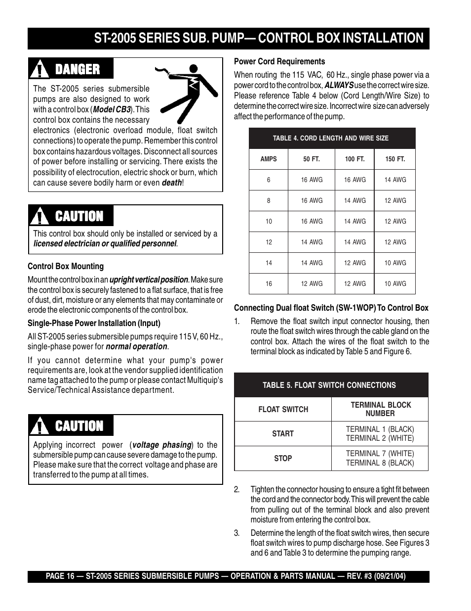 St-2005 series sub. pump— control box installation, Danger, Danger caution caution caution caution caution | Caution | Multiquip ST2005 User Manual | Page 16 / 44