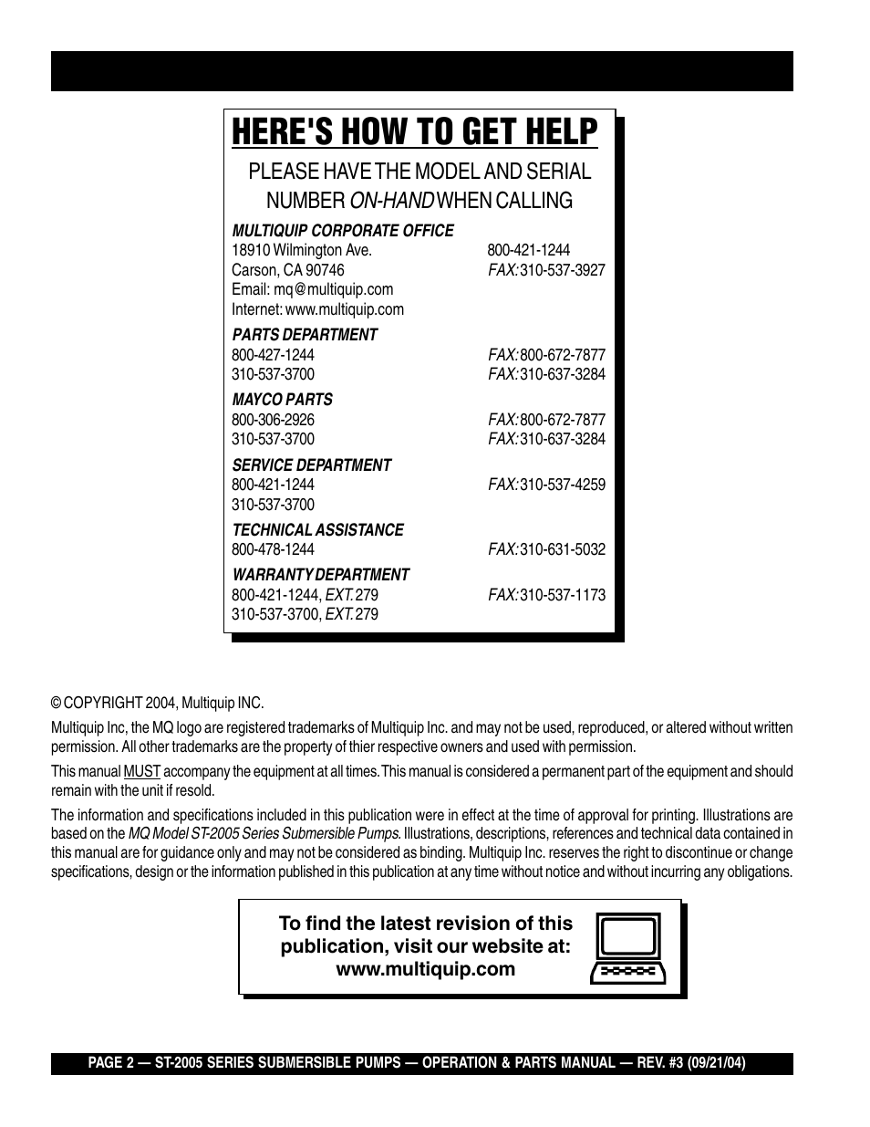 Here's how to get help, On-hand, Please have the model and serial number | When calling | Multiquip ST2005 User Manual | Page 2 / 44