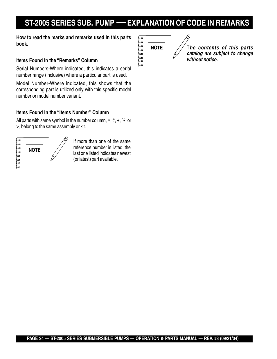 St-2005 series sub, Pump, Explanation of code in remarks column | Multiquip ST2005 User Manual | Page 24 / 44