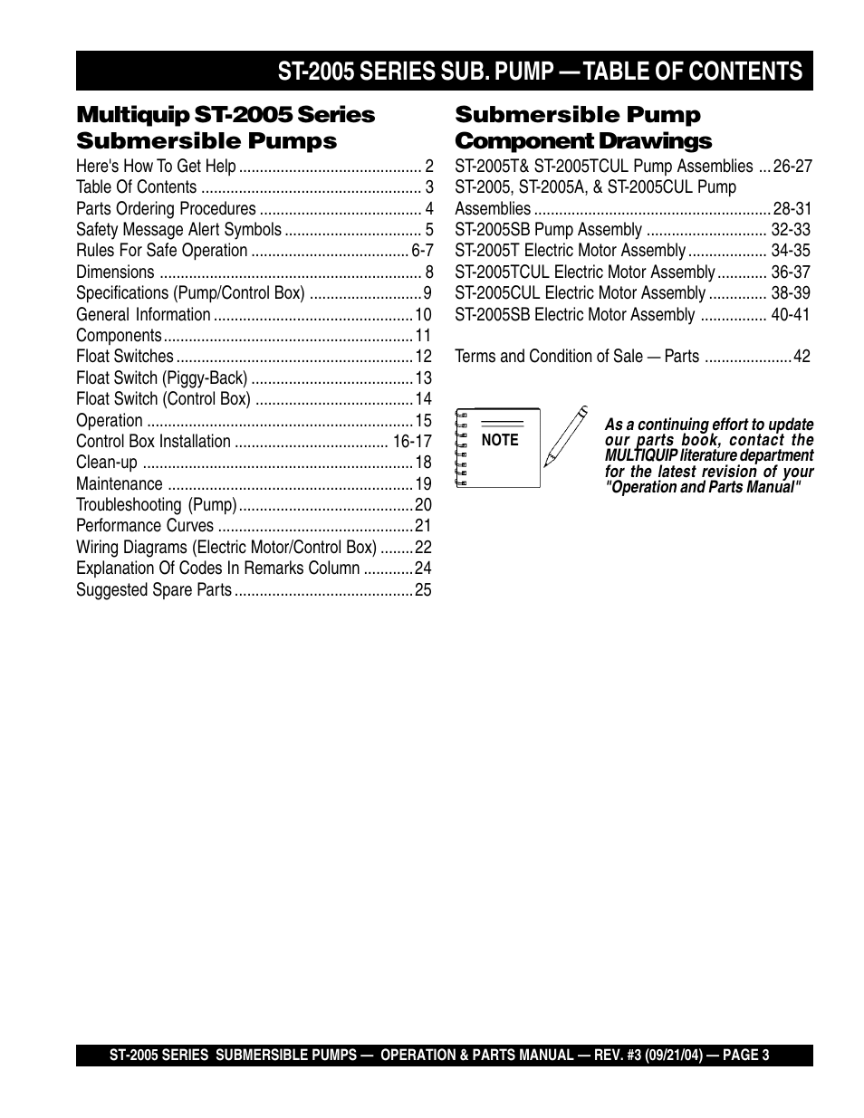 St-2005 series sub. pump — table of contents, Submersible pump component drawings, Multiquip st-2005 series submersible pumps | Multiquip ST2005 User Manual | Page 3 / 44