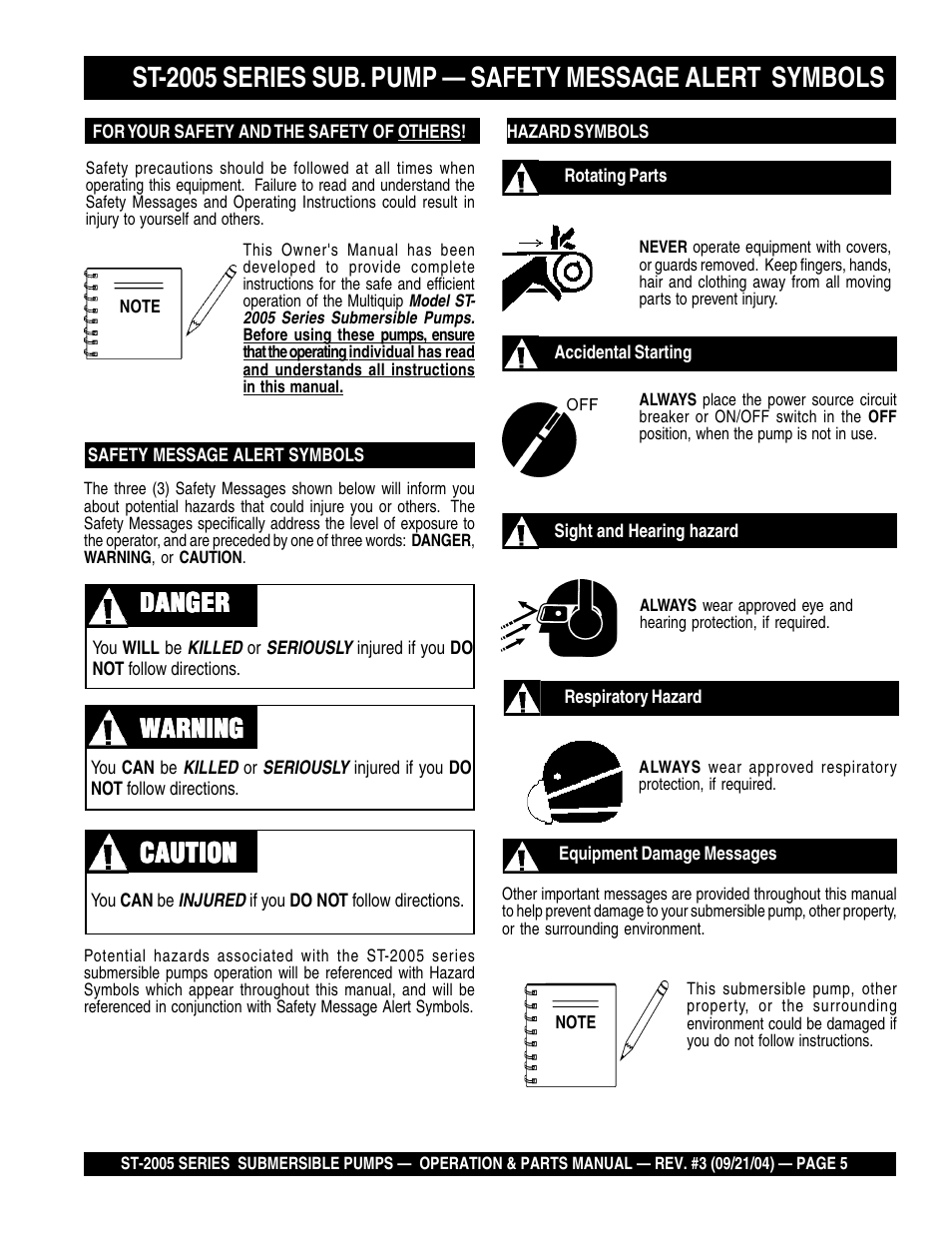 Warning | Multiquip ST2005 User Manual | Page 5 / 44
