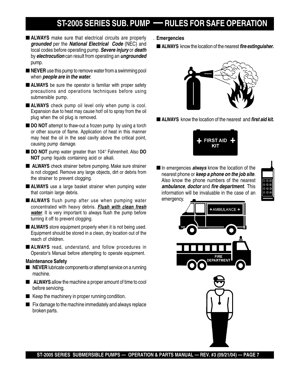 St-2005 series sub. pump, Rules for safe operation | Multiquip ST2005 User Manual | Page 7 / 44