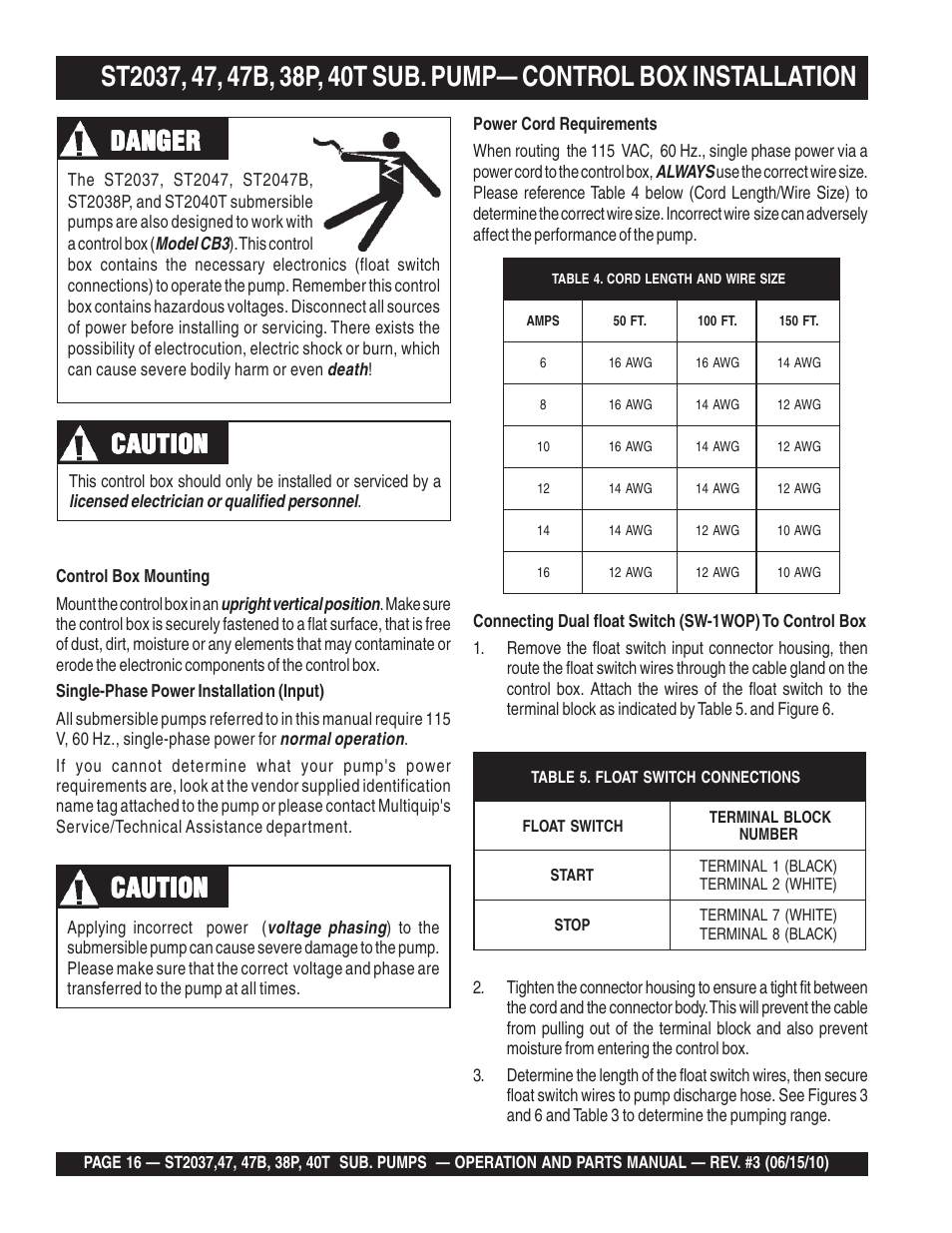 Danger, Caution | Multiquip ST2040T User Manual | Page 16 / 34