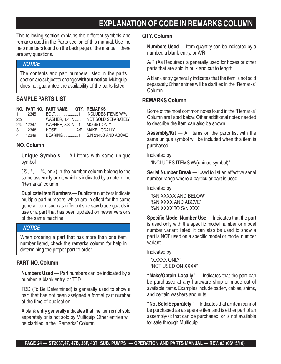 Explanation of code in remarks column | Multiquip ST2040T User Manual | Page 24 / 34