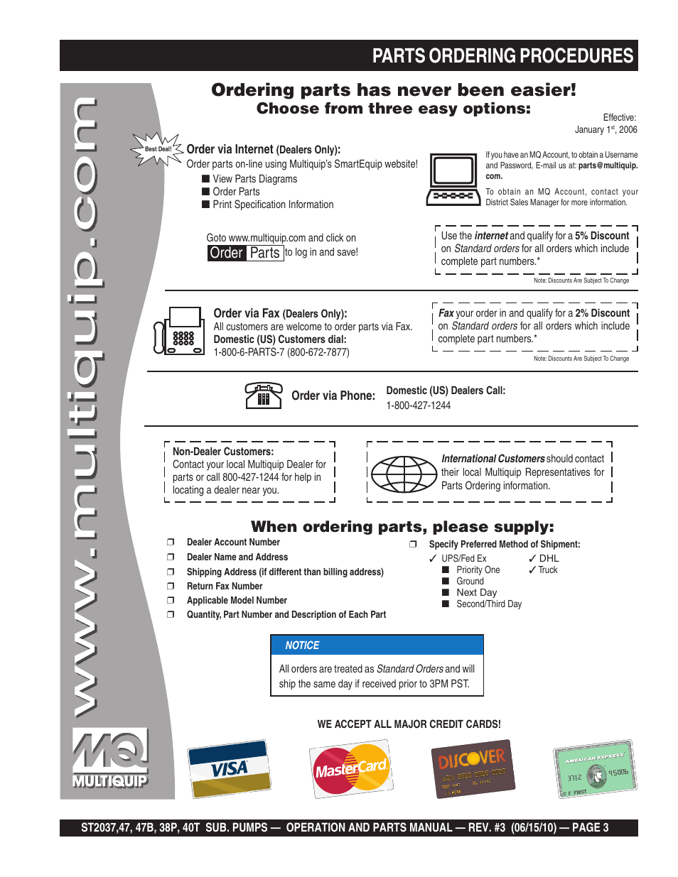 Parts ordering procedures, Ordering parts has never been easier, Choose from three easy options | When ordering parts, please supply, Order parts | Multiquip ST2040T User Manual | Page 3 / 34