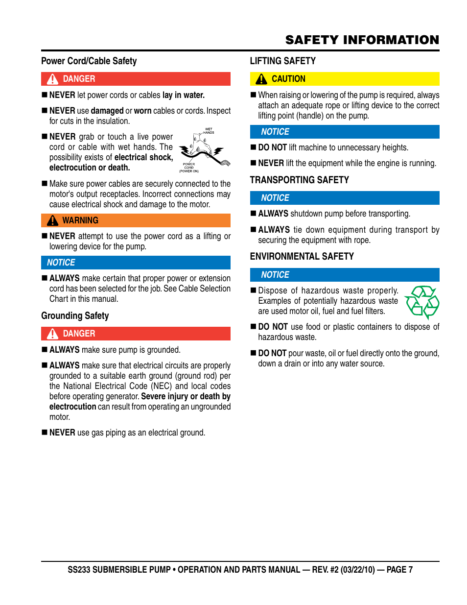 Safety information | Multiquip SS233 User Manual | Page 7 / 20