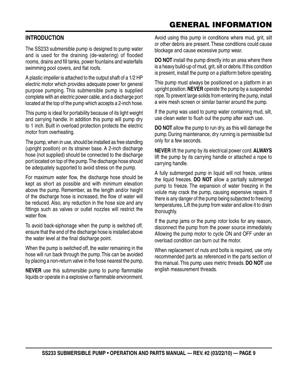 General information | Multiquip SS233 User Manual | Page 9 / 20