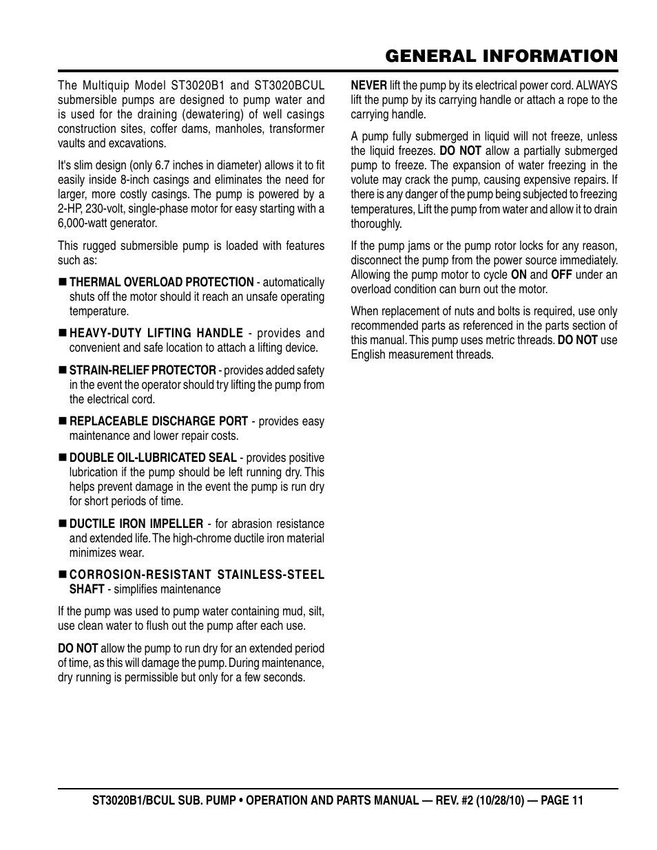General information | Multiquip ST3020BCUL User Manual | Page 11 / 38