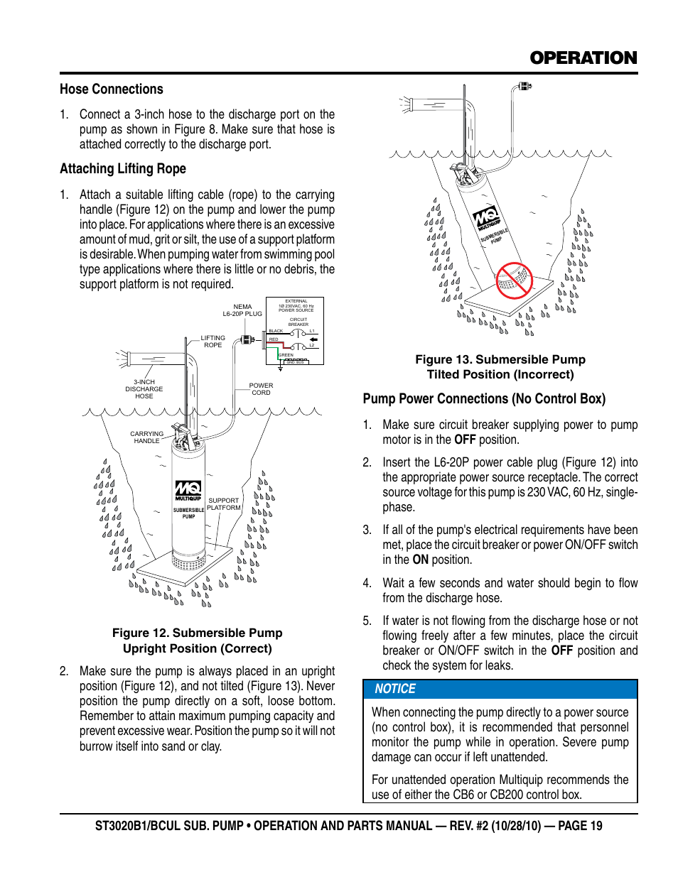 Operation, Hose connections, Attaching lifting rope | Pump power connections (no control box) | Multiquip ST3020BCUL User Manual | Page 19 / 38