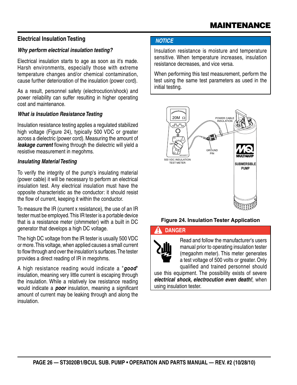 Maintenance, Electrical insulation testing | Multiquip ST3020BCUL User Manual | Page 26 / 38
