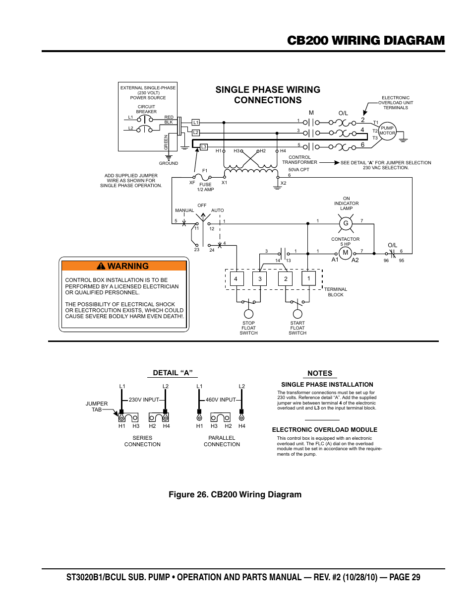 Cb200 wiring diagram, Single phase wiring connections, Warning | Detail “a | Multiquip ST3020BCUL User Manual | Page 29 / 38