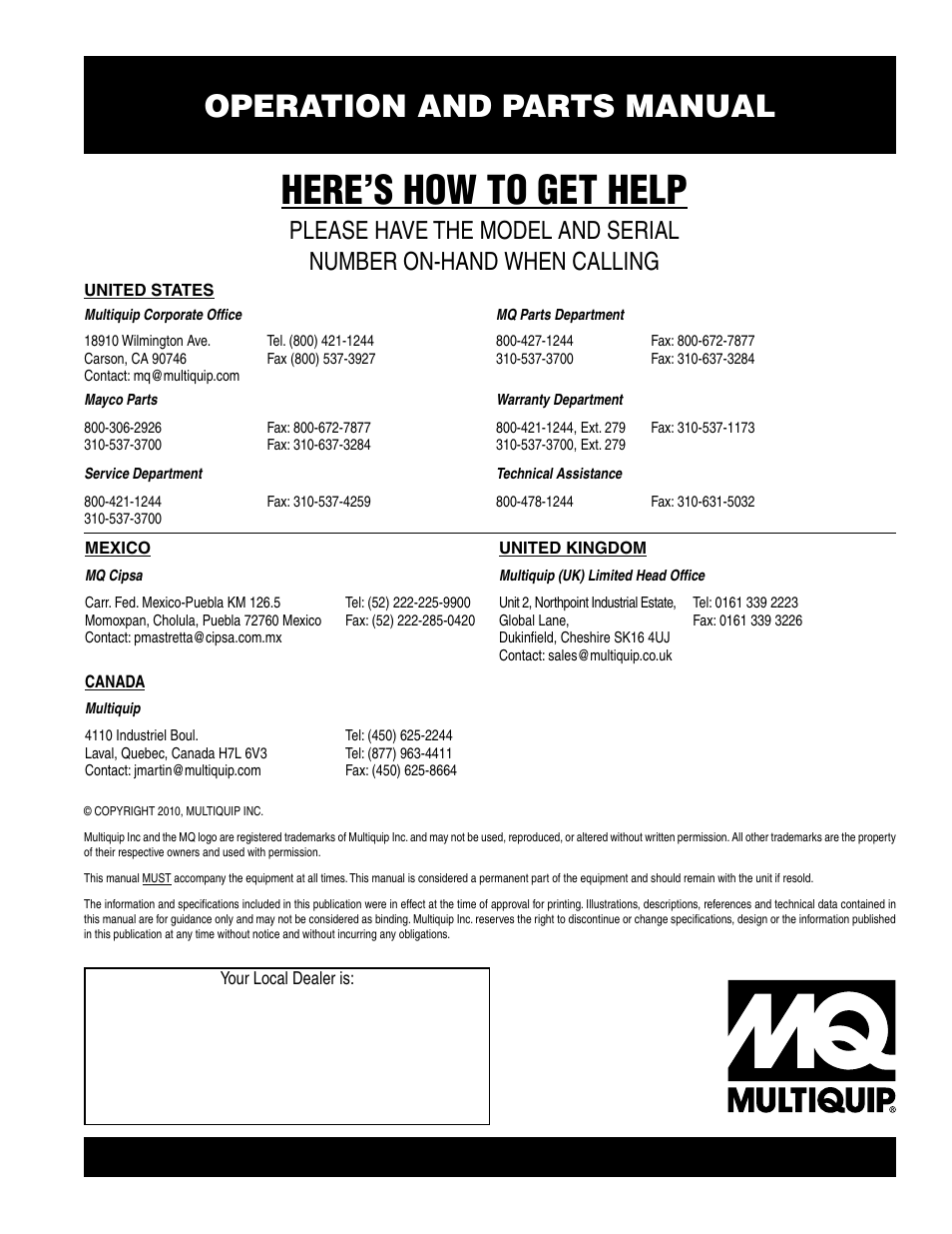 Here’s how to get help, Operation and parts manual | Multiquip ST3020BCUL User Manual | Page 38 / 38