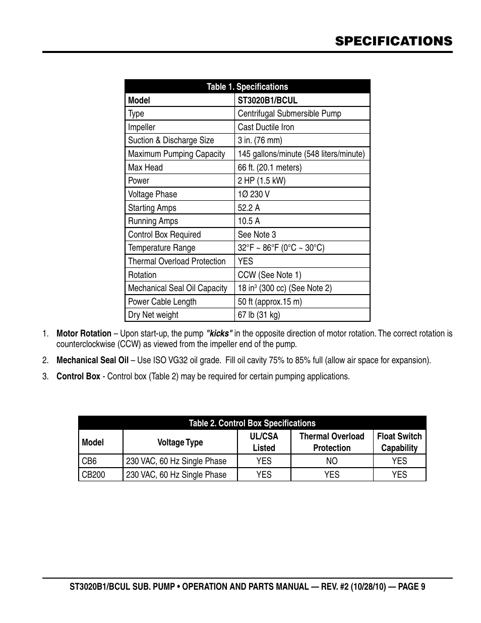 Specifications | Multiquip ST3020BCUL User Manual | Page 9 / 38