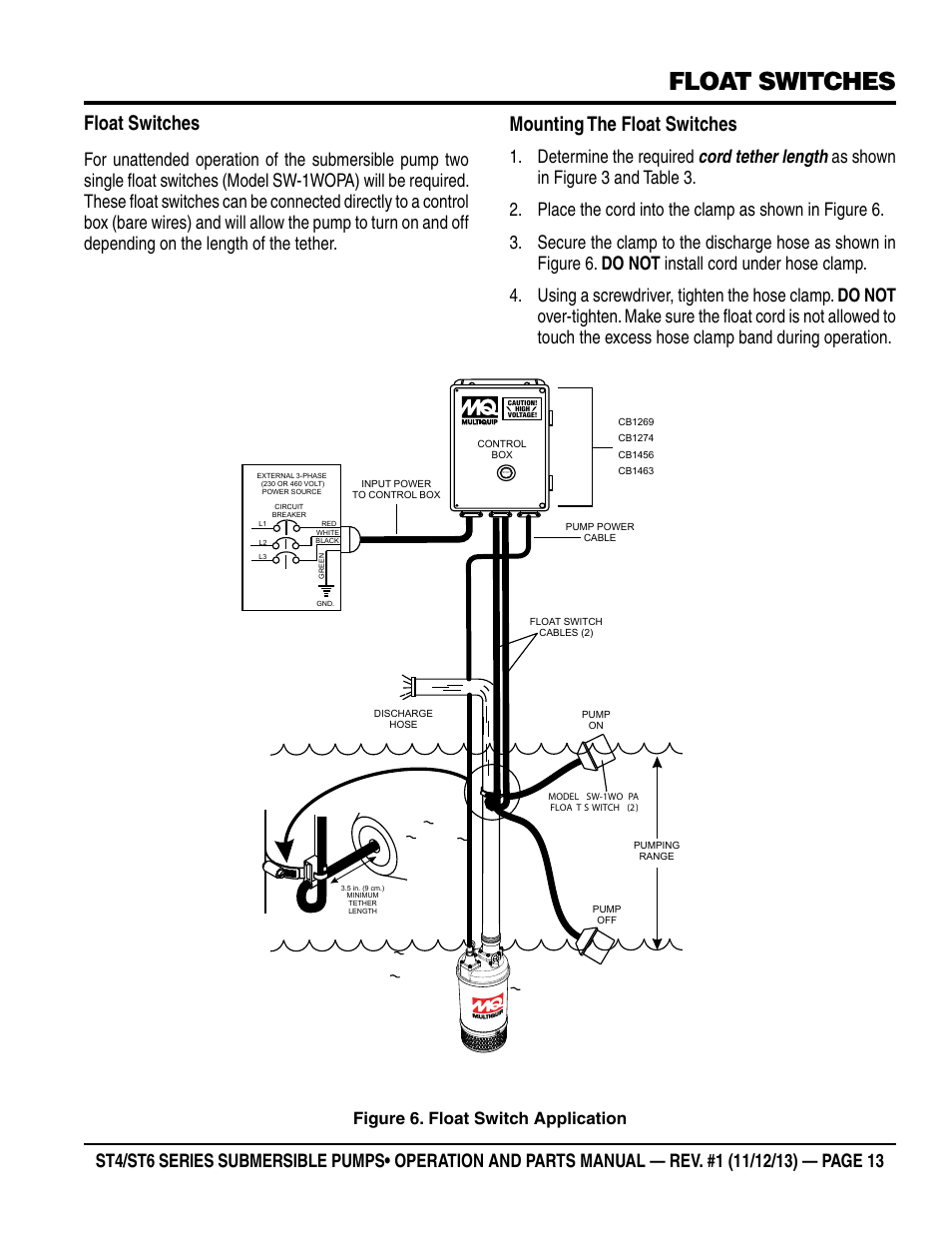 Float switches, Mounting the float switches, Figure 6. float switch application | Multiquip ST41460 User Manual | Page 13 / 40