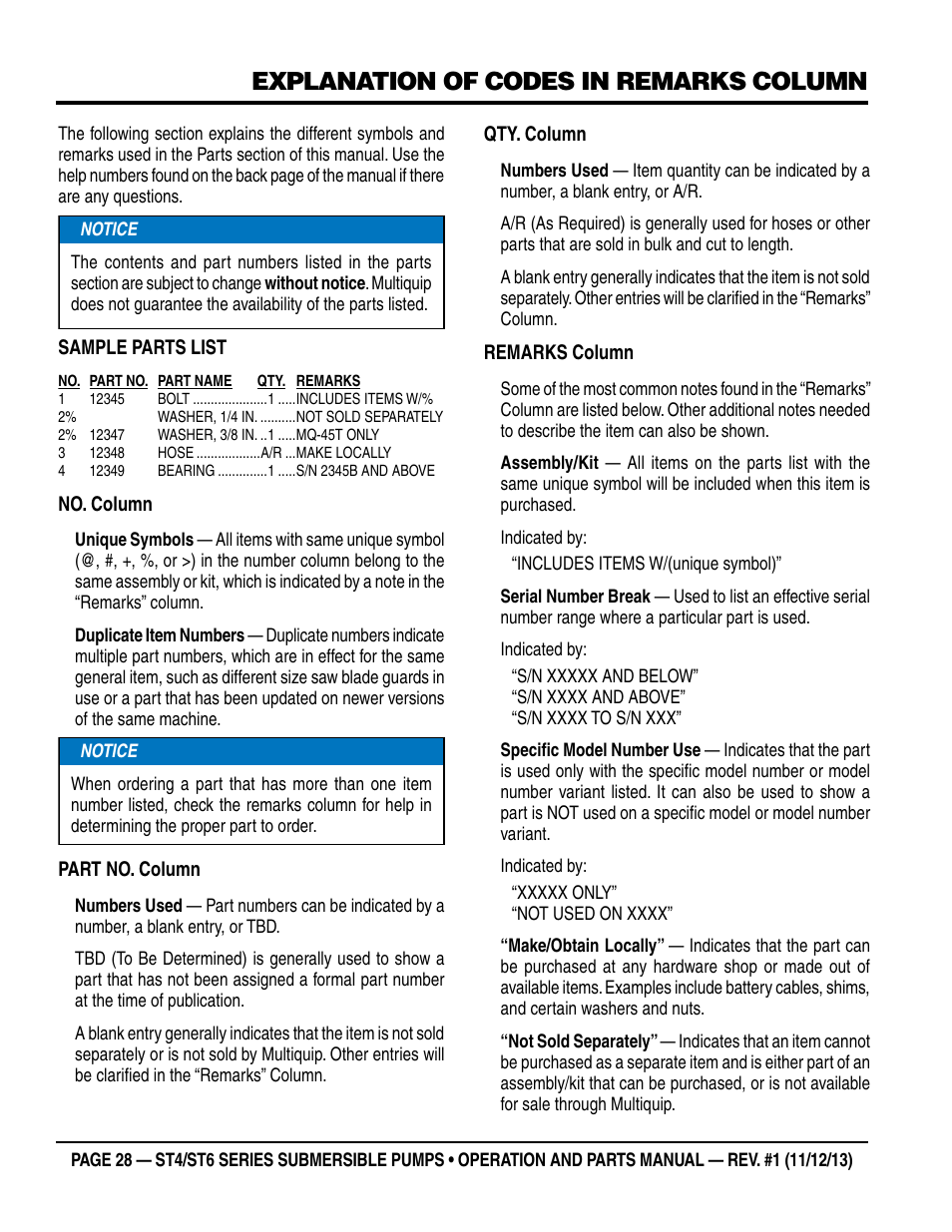 Explanation of codes in remarks column | Multiquip ST41460 User Manual | Page 28 / 40