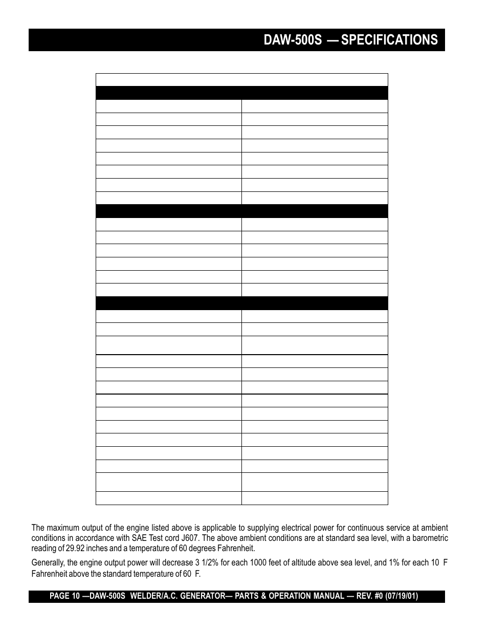 Daw-500s — specifications, Ffahrenheit above the standard temperature of 60 | Multiquip DAW500S User Manual | Page 10 / 142