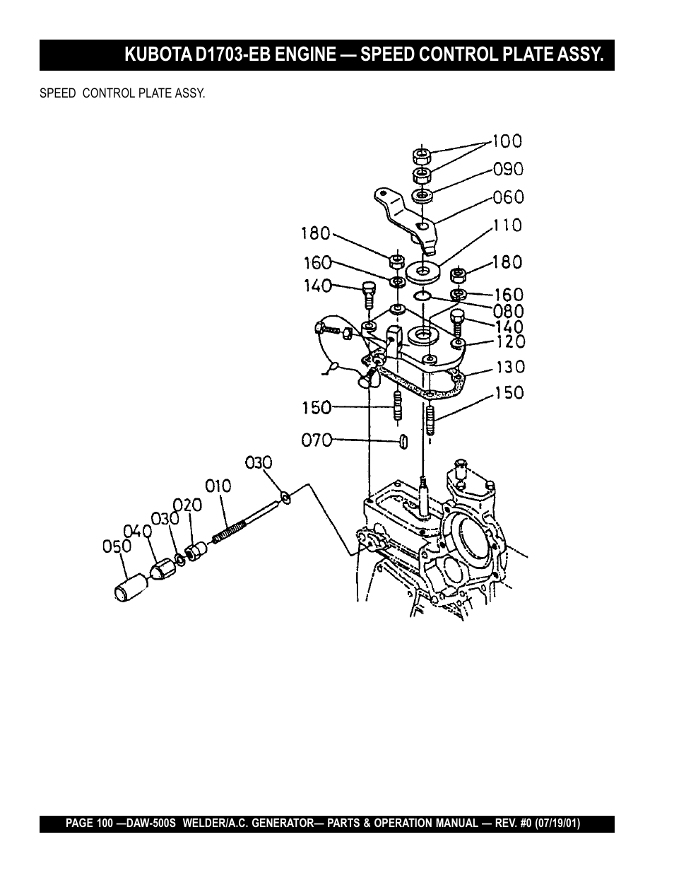 Kubota d1703-eb engine — speed control plate assy | Multiquip DAW500S User Manual | Page 100 / 142