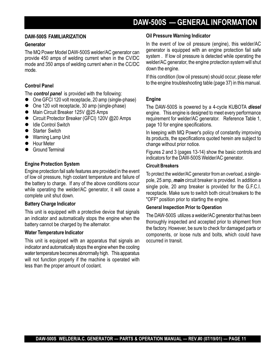 Daw-500s — general information | Multiquip DAW500S User Manual | Page 11 / 142