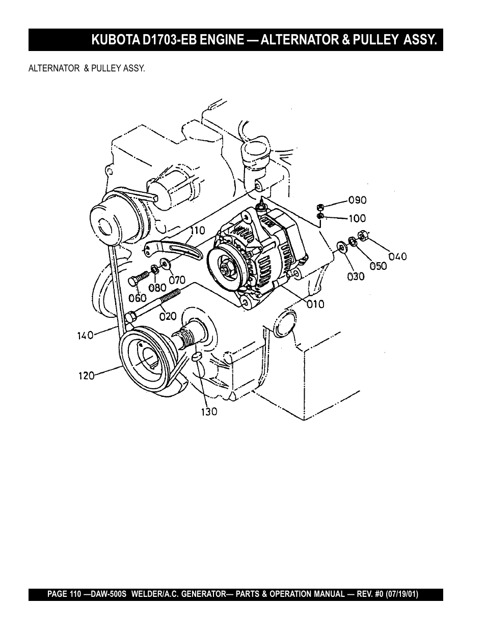Kubota d1703-eb engine — alternator & pulley assy | Multiquip DAW500S User Manual | Page 110 / 142