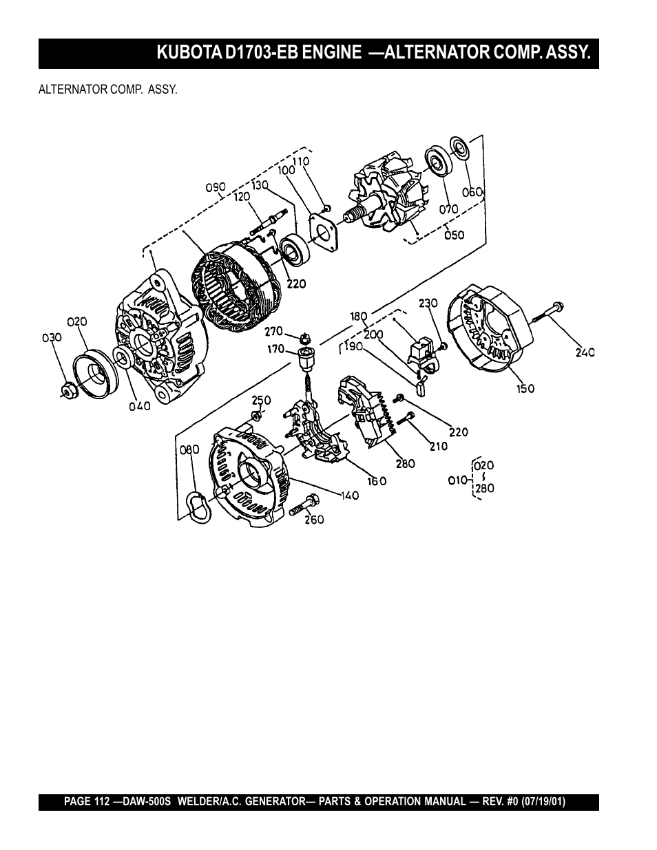 Kubota d1703-eb engine —alternator comp. assy | Multiquip DAW500S User Manual | Page 112 / 142