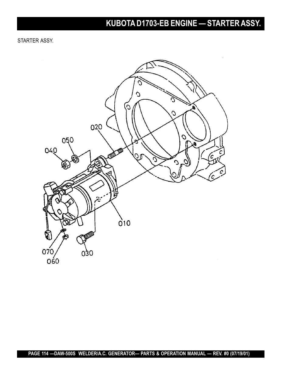 Kubota d1703-eb engine — starter assy | Multiquip DAW500S User Manual | Page 114 / 142