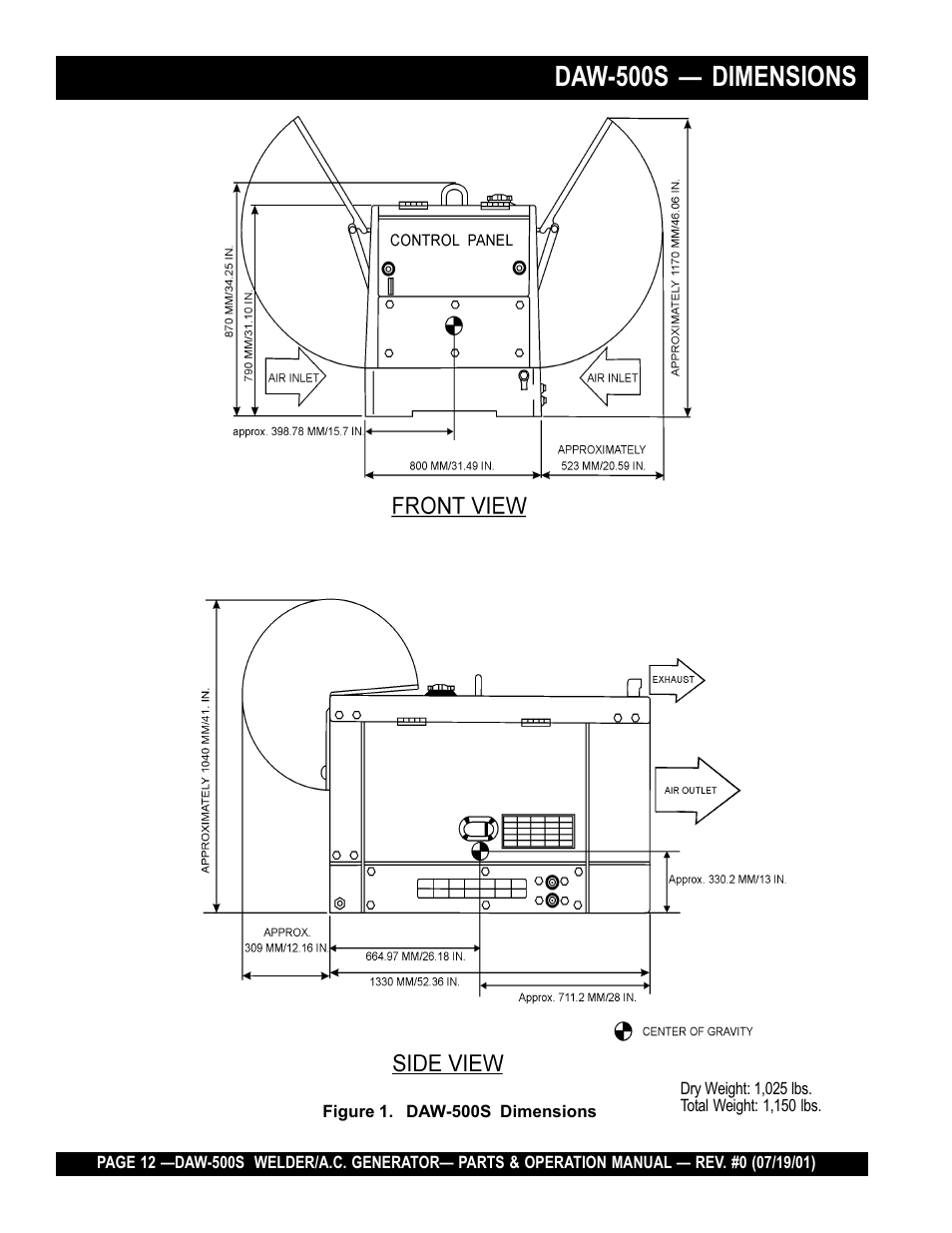 Daw-500s — dimensions | Multiquip DAW500S User Manual | Page 12 / 142