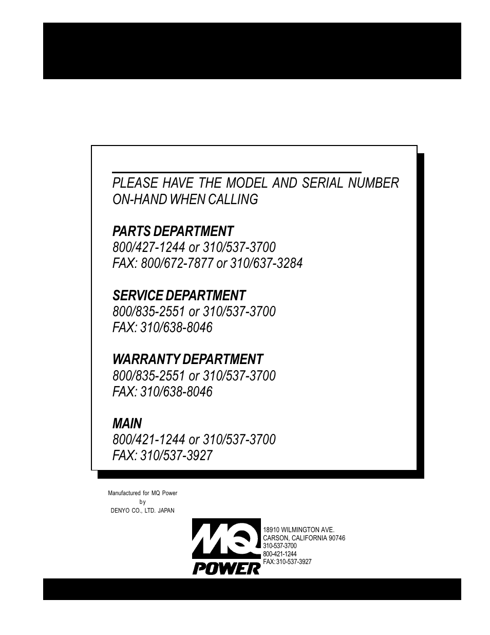 Here's how to get help, Parts and operation manual | Multiquip DAW500S User Manual | Page 142 / 142