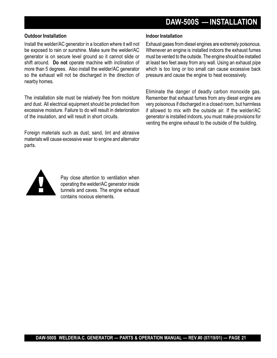 Daw-500s — installation, Caution | Multiquip DAW500S User Manual | Page 21 / 142