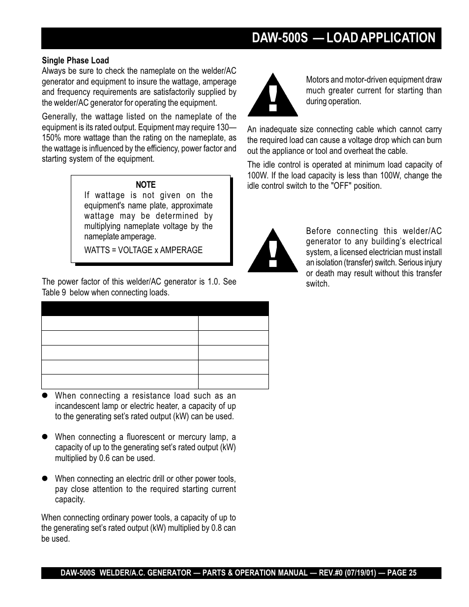 Daw-500s — load application, Caution | Multiquip DAW500S User Manual | Page 25 / 142