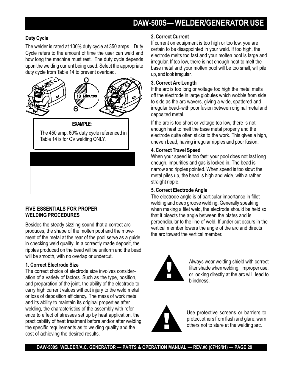 Daw-500s— welder/generator use, Caution | Multiquip DAW500S User Manual | Page 29 / 142
