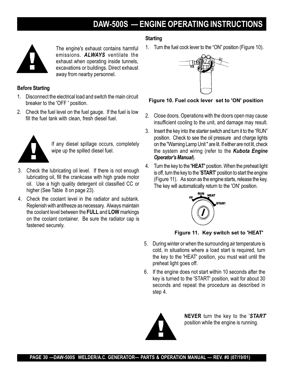 Caution, Daw-500s — engine operating instructions warning | Multiquip DAW500S User Manual | Page 30 / 142