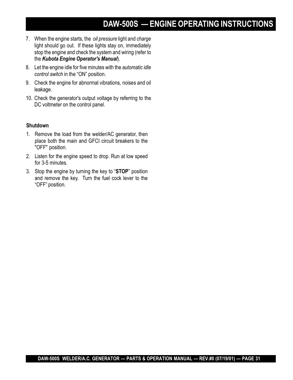 Daw-500s — engine operating instructions | Multiquip DAW500S User Manual | Page 31 / 142