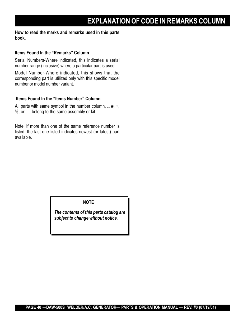 Explanation of code in remarks column | Multiquip DAW500S User Manual | Page 40 / 142