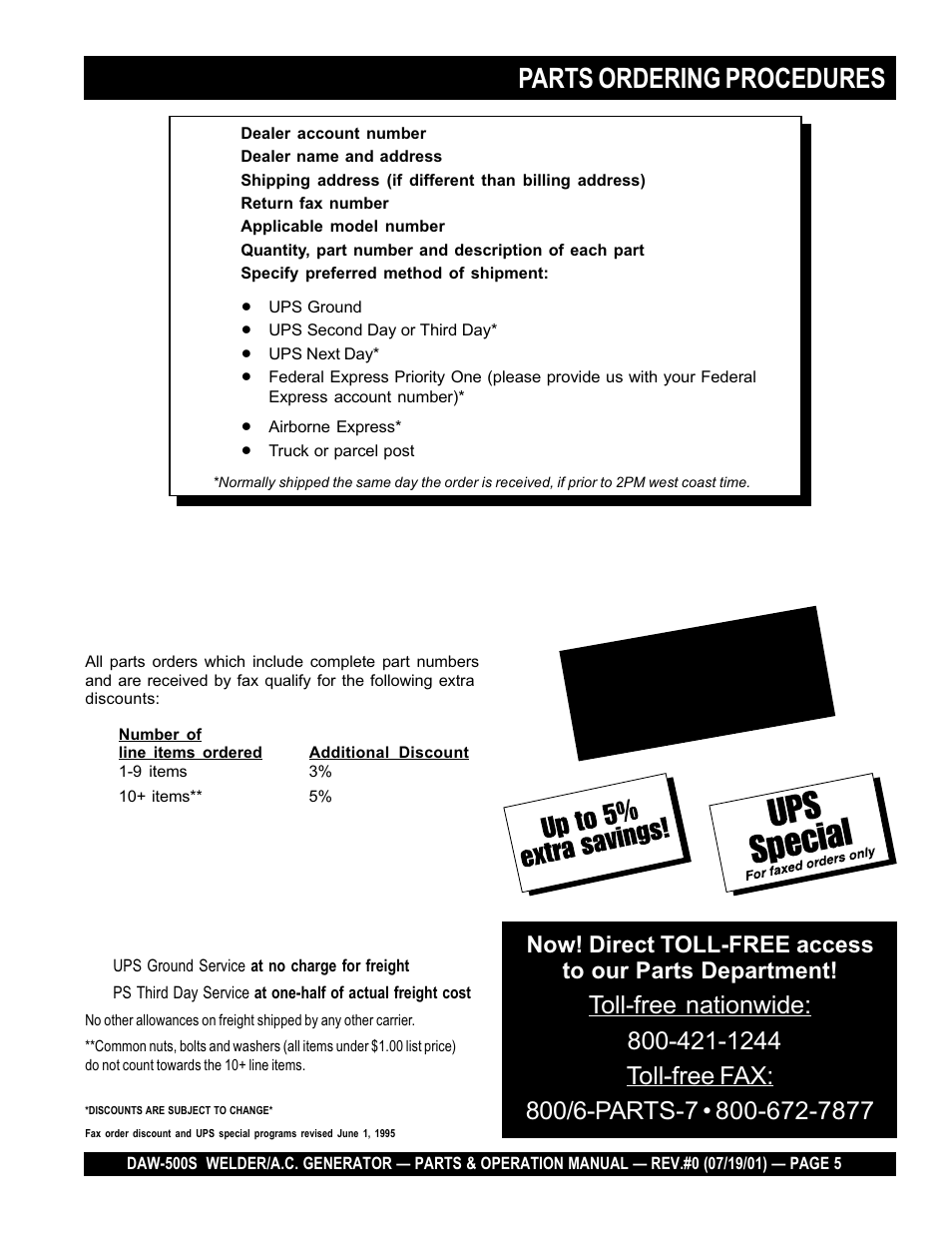 Earn extra discounts when you order by fax, Extra fax discount for domestic usa dealers only | Multiquip DAW500S User Manual | Page 5 / 142