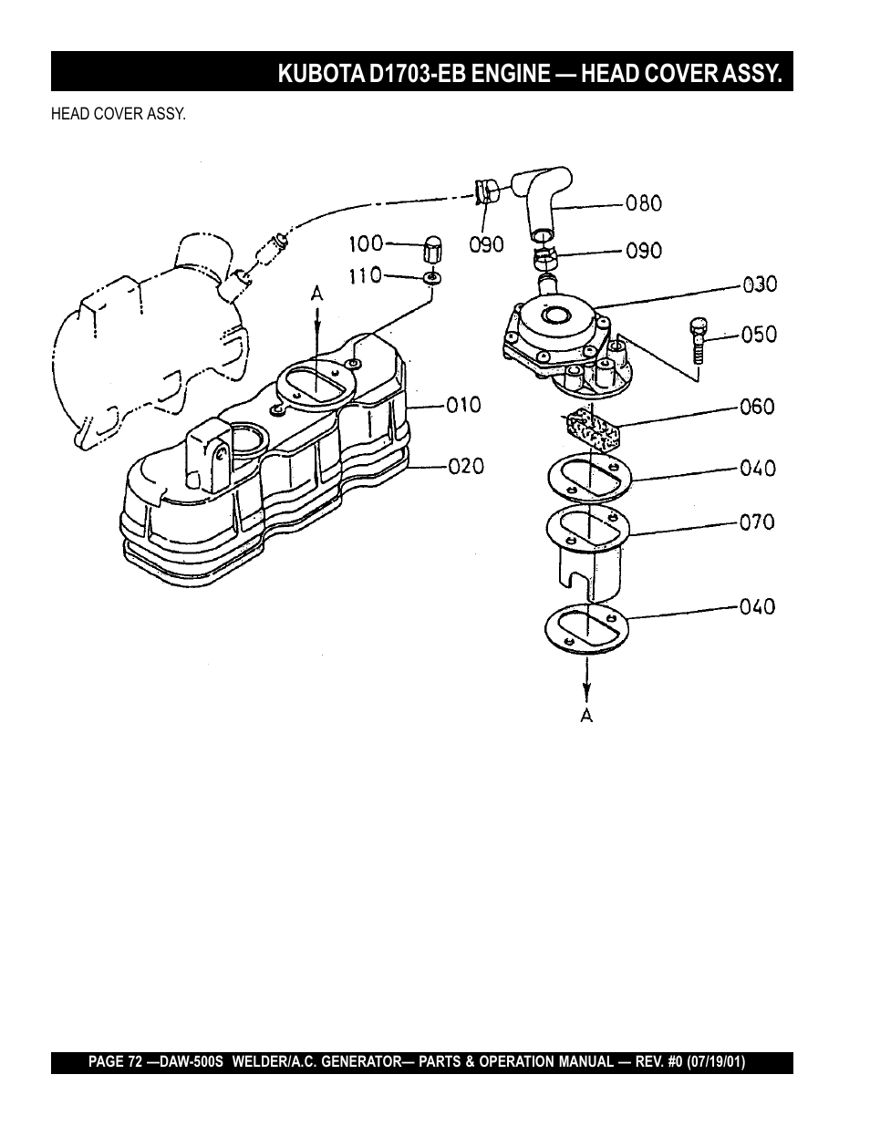 Kubota d1703-eb engine — head cover assy | Multiquip DAW500S User Manual | Page 72 / 142